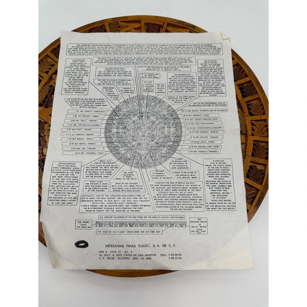 Handcrafted Aztec Sun Stone Wood Inlay Calendar Wall Art Mexico 11.5